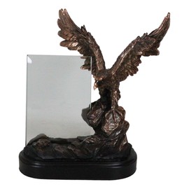 Ebros Gift Patriotic American Bald Eagle With Outspread Wings Landing On Rock Pillar Engravable Engraving Beveled Glass Frame Bronze Electroplated Resin Figurine With Base Stand