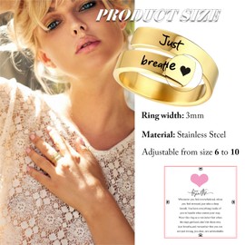 LKingel Just Breathe Rings for Women 304 Stainless Steel Inspirational Jewelry Rings Spiral Healing Rings Adjustable Love Lotus Just Breathe Ring Inspirational & Heartfelt Rings (Heart, Gold)