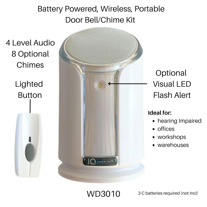 Battery Powered Wireless Portable Door Bell Chime with Visual Alert