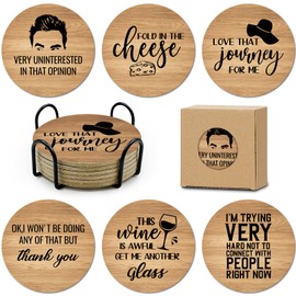 HSSPIRITZ 6 PCS Funny Cork Coasters for Drinks,Schitts TV Show Merchandise Coasters Set with Coaster Holder,Coffee Table Tea Table bar,Schitts TV Themed Coasters Gifts for Fans