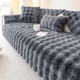 tianxinbaobei Faux Fur Couch Cover,Rabbit Plush Couch Cover,Non-Slip Couch Cover Furniture Protector (Dark Grey, 36"x82"/4-Seater Sofa Cover)