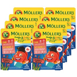 Möller's Omega 3 Capsules for Children Natural Omega 3 Fish Oil with Strawberry Flavour with DHA and EPA Easy to Chew without Gluten, Lactose and Sugar, Pack of 8, 288 Pieces
