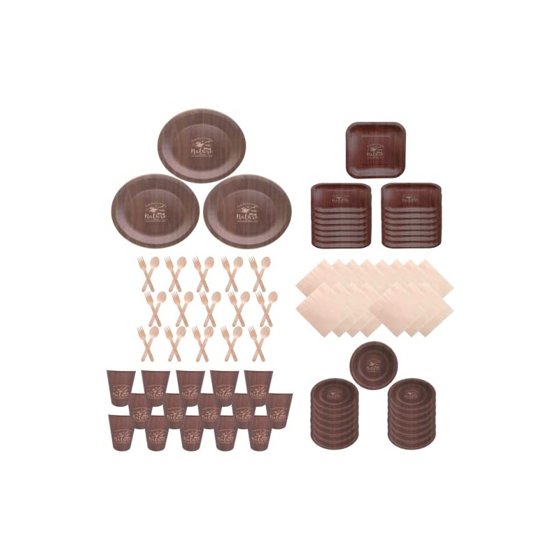 Wood Style Fancy Disposable Dinnerware Set (Brown for 15 People)
