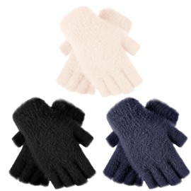 Geyoga 3 Pairs Women Fur Fingerless Gloves Winter Half Finger Knit Gloves Stretchy Warm Typing Winter Mittens(One Size,Black,Beige,Navy)
