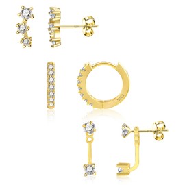 Sterling Silver Minimalist Earring Set 14K Gold Small CZ Bar Stud Huggie Hoop Earrings Hypoallergenic Cartilage Earrings for Women Multiple Piercing, 3 Pairs