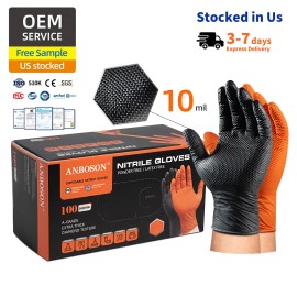 ANBOSON 10mil Black Diamond Grip Nitrile Gloves Industrial Grade Heavy Duty Textured for Engine Repair Transmission WorkPacking: 100pcs/box, Size: Xl, Color: Orange, Thickness: 10mil