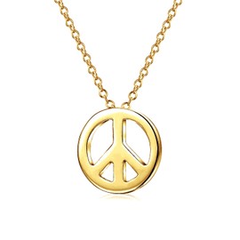 Jewellery Set Petite Small Flat Threader Earrings Round World Peace Sign Symbol Stud Earrings Pendant Necklace for Teen Women Yellow Gold Plated 925 Sterling Silver, No Gemstone