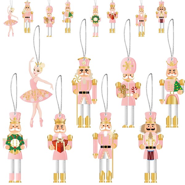 24 Pcs Nutcracker Christmas Wooden Ornaments Pink Wooden Baubles Pendant