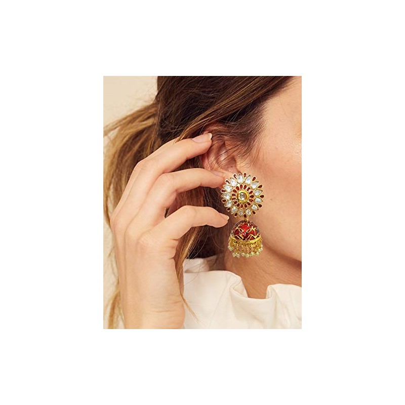 Mehrunnisa Rajasthani Meenakari - arete Jhumki con cristales Rojo