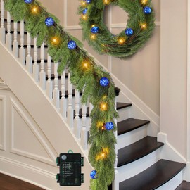 Ceenna 2 Pcs 12.4ft Pre Lit Christmas Cedar Garland with 20 LED Lights,Artificial Pine Garland Greenery Garland for Christmas with Ball,8 Modes Timer Battery Operated for Holiday Mantel(Blue)