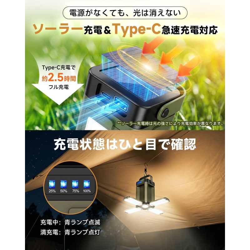 LED ランタン 充電式 【ソーラー&USB充電式・5面照射・ 2400ルーメン高輝度】 キャンプランタン 6000mAh大容量 モバイルバッテリー機能 ソーラーランタン 7つ照明モード