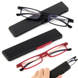 Yiwaeye Ultra-thin Folding Reading Glasses Anti Blue Ray, Lightweight TR90 Compact Readers with Flat Case for Men Women 2 PCS Red/Black +1.0
