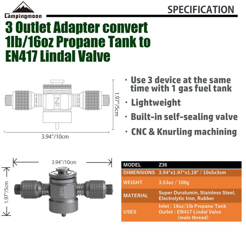 CAMPINGMOON 3 Outlet Camping Stove Adapter, Inlet: 16oz/1Lb Small Propane