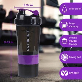 NATUREKIT Shaker Bottle,Protein Shaker with Powder Storage Container 18oz, Leak Proof ，Gym Bottle Portable Pre Workout for Mix & Drink Shakes & Smoothies,Dishwasher Safe,Purple | NATUREKIT