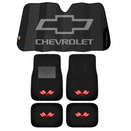 Plasticolor NEW Chevy Black Logo Red Checker Flag 4pc Carpet Car Floor Mats & Auto Sunshade