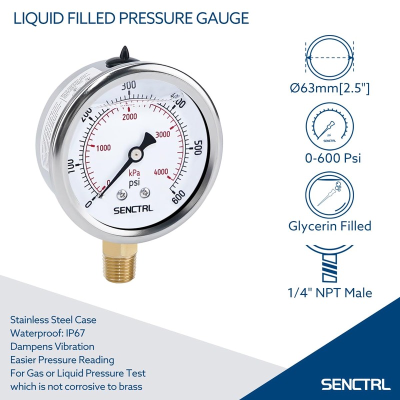 SENCTRL 0-600 Psi Glycerin Liquid Filled Pressure Gauge, 2.5" Dial