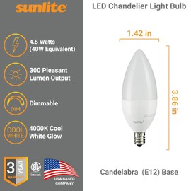 Sunlite LED B11 Frosted Torpedo Tip Chandelier Light Bulb, 4.5 Watts (40W Equivalent) 300 Lumens, Candelabra E12 Base, Dimmable, ETL Certified, 4000K Cool White, 6 Count
