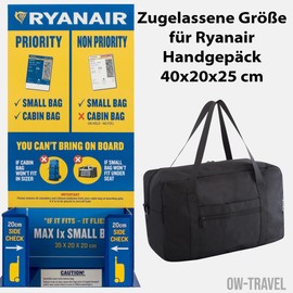 OW-Travel Ryanair Hand Luggage 40 x 20 x 25 cm Travel Bag (20L) Black Minimalist Lightweight and Robust RyanAir Hand Luggage Bag Approved Travel Bag for Overnights Men and Women, black, Classic