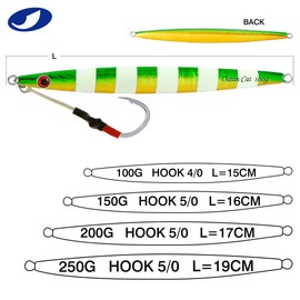 OCEAN CAT Fast Fall Fishing Luers Mental Vertical Lead Jigging Sea Baits Flat Hooks 5 Colors 4 Weights (Green&Gold, 100G+150G+200G+250G)