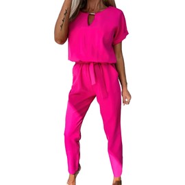 amropi Jumpsuit Women's Elegant Short Sleeve Playsuit V-Neck Casual Loose Overalls Long Romper, Red Pink