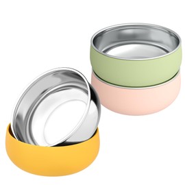 Stainless Steel and Silicone Baby Bowls 3 Packs 5” Kids Feeding,Non-Toxic&Lead-Free&Mess Free Toddler Bowl Set,Dishwasher Safe&Extra Strong Base&Fit Highchar Size,yellow mint green Khaki