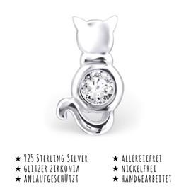 Monkimau Girls' Cat Stud Earrings 925 Sterling Silver with 2 Crystals, Silver, Cubic Zirconia