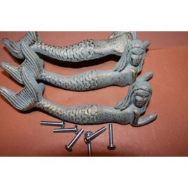 Southern Metal Mermaid Drawer Pull Nautical Beach Design Antiqued Bronze Look Cast Iron, 4 3/8 inch Center - 7 inch Long, Set of 3, HW-54