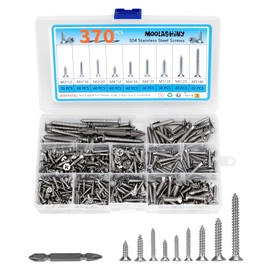 370 Pcs Self Tapping Screws, M3/M4/M5 304 Stainless Steel Wood Screws Assortment, Assorted Wood Screws with Storage Box & Screwdriver Bit for Woodwork