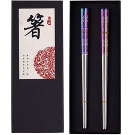 Chopsticks Reusable Metal Chopsticks Titanium Plated 18/8 Stainless Steel Chopsticks Dishwasher Safe Premium Non-Slip Laser Engraved Chop Sticks Korean Chopsticks 2 Pairs Gift Set Rainbow Silver