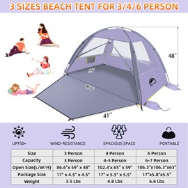 Happy Travel Beach Tent, UPF 50+ UV Protection Sun Shade Shelter for 3/4/5/6/7/8 Person, Portable Beach Canopy for Family & Baby, Lightweight & Easy Setup Beach Cabana with 3 Ventilation Mesh Windows