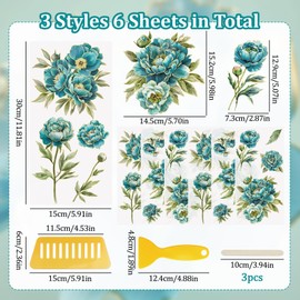 WANDIC 6 Sheets Teal Peony Rub On Transfer Stickers Cyan Flower Decals Furniture Decals for Home Decoration,15 * 30cm