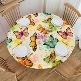 Famame Vintage Butterflies Yellow Green Fitted Round Tablecloth Waterproof Table Cloth with Elastic Edge Wipe Clean Table Cover for Indoor Outdoor Fits 45"-50", Medium