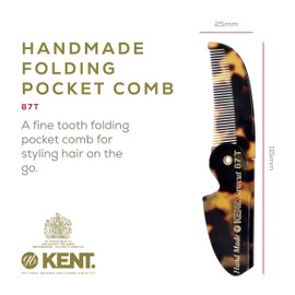 Kent 87T TY Handmade Folding Pocket Comb for Men, Fine Tooth Hair Comb Straightener for Everyday Grooming Styling Hair, Beard or Mustache, Use Dry or with Balms, Saw Cut Hand Polished, Made in England