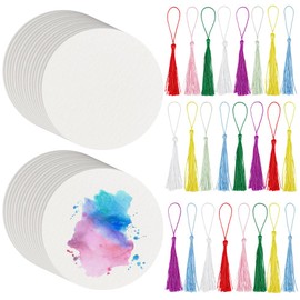 BENECREAT 50 Packs Artist's Tiles, 12cm Round Zentangle Paper Tiles, Blank Cards with 25 Tassels, Paper Sheets for Sketch Book Notebook, Index Flash Notes Making Supplies