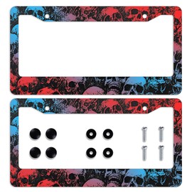 2Pcs Gradient Skull License Plate Frame Dark Horror Neon Car Front License Plate Personalise License Plate Frames Stainless Steel Metal Car Plates Tag Funny Decor Men Women 12.2 X 6.3 Inch