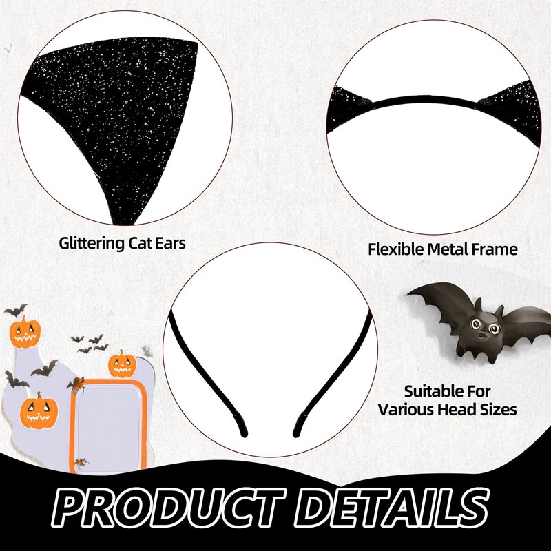 Kafolix Black Cat Ears Headband – Glittery Feline Costume Accessory