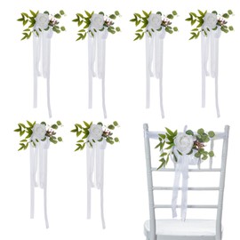 QRZLP 6PCS Wedding Aisle Pew Flowers, Rose Floral Wedding Chair Back Flowers with Leaves and Ribbons Decorations Flowers for Wedding Ceremony Party Church Chair. (White)