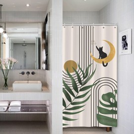 Leowefowa Mid Century Cat Shower Curtain 36x72 Inch Boho Abstract Geometric Arch Tropical Leaves Moon Minimalist Aesthetic Shower Curtain Modern Bohemian Cute Bathroom Waterproof Fabric Curtains