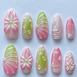 Flower Press on Nails Pink Green Fake Nails Medium Almond False Nail Water Drop Glue on Nails with 3D Floral Design Glossy Full Cover Acrylic Ombre Stick on Nail for Women Manicure 24Pcs