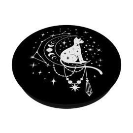 Cats by Fluffabulous Prints Celestial Cat, Crescent Moon, Star Constellation PopSocket Adhesive PopGrip for Smartphones with Smooth, Hard, Plastic Cases - Black