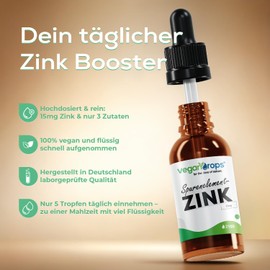 Vegan Drops® - Zink Tropfen - Premium: Zink-Sulfat - 15mg pro Tagesdosis - 2100 Tropfen, 410 Tage Reichweite - vegan, ohne Alkohol & in Deutschland produziert (100ml)