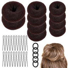 GOLRISEN Pack of 35 Bun Makers, Donut Hair Bun Maker Set, Bun Shaper, Hair Styling Accessories, 10 Pieces Chignon Bun Maker with 5 Elastic Hair Bands and 20 U-Shaped Hair Clips (Brown)