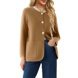Langwyqu Womens Crew Neck Button Down Cardigan Sweaters Blazer Casual Long Sleeve Knit Solid Sweater with Pockets Khaki