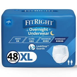 FitRight Overnight Unisex Extra Large Underwear, (56-68 in Waist) 48 Count (4 Bags of 12), Maximum All Night Disposable Incontinence Protection, Pull-On Absorbent Underwear for Men and Women