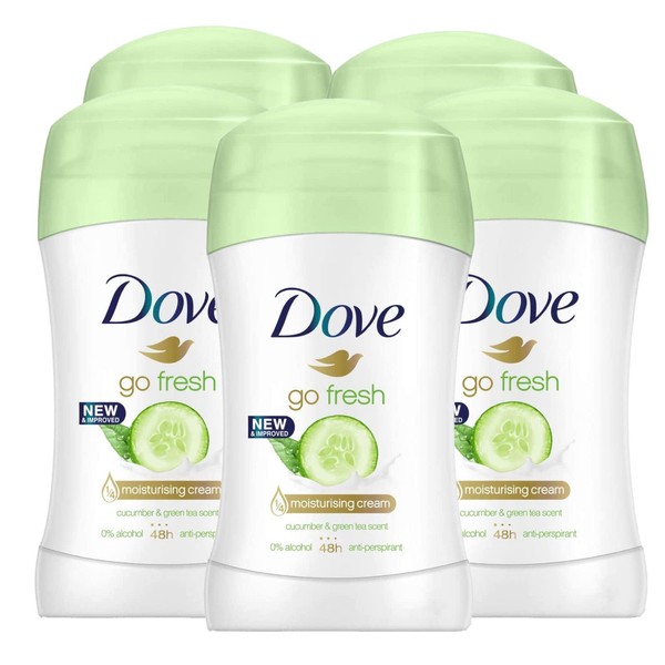 5 x Dove Deodorant Go Fresh Cucumber and Green Tea 0% Alcohol Antiperspirant - 5 Deodorant Sticks of 30 ml