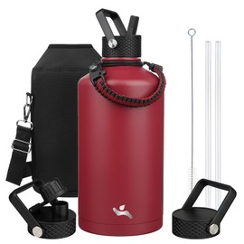 Konokyo Gallon Insulated Water Bottle with Straw,128 oz 3 Lids Water Jug with Carrying Bag,Paracord Handle, Double Wall Vacuum Stainless Steel Metal Flask,Dark Red