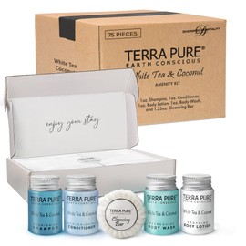 Terra Pure White Tea and Coconut Amenity Kit | Hotel Toiletries | Bulk Set 1oz Travel Size Shampoo, Conditioner, Lotion, Body Wash & Cleansing Bar for Guest Hospitality Vacation Rentals | 15 sets/case