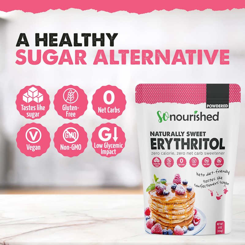 So Nourished Powdered Erythritol Sweetener - 1:1 Sugar Substitute, Keto
