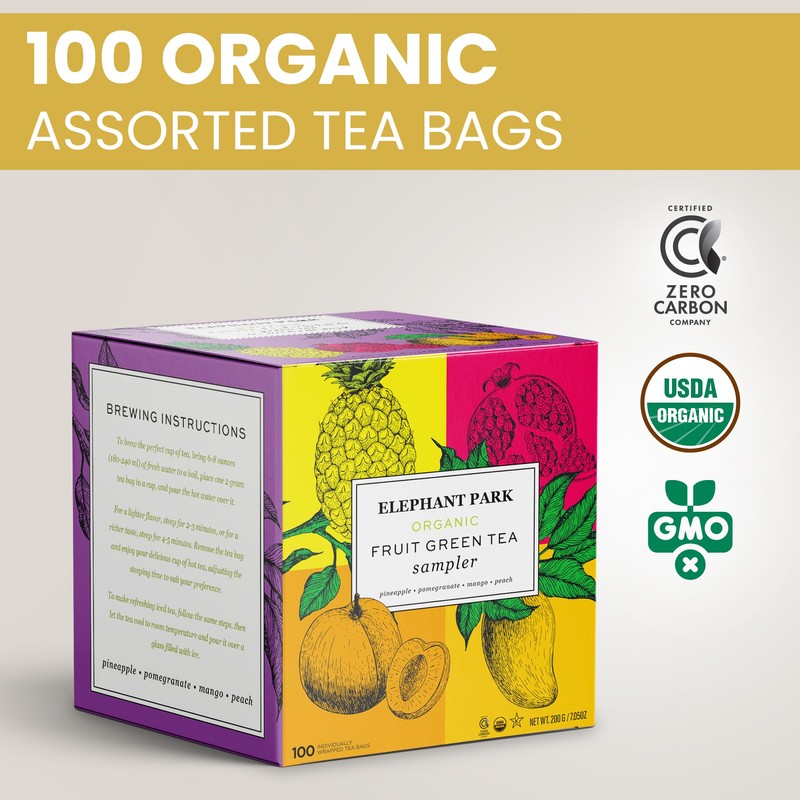 Premium Organic Fruit Green Tea Sampler, 100 Count Assorted Tea