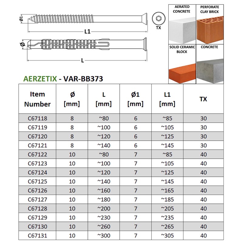 AERZETIX - C67127 - Set of 10 Plastic Dowels Diameter
